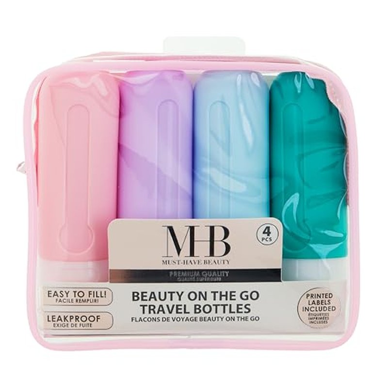 EXPRESSIONS 4pc Refillable Travel Bottles Set ? Leakproof Squeeze Bottles with Snap Caps, Toiletry Containers with Labels & Clear Zip Pouch for Travel, Gym, and Beauty On the Go