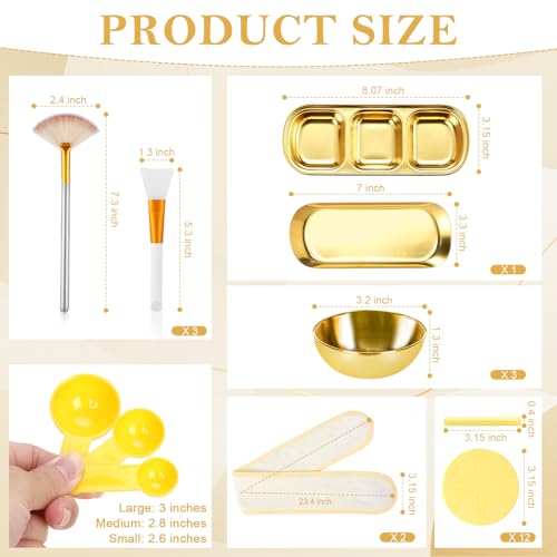 28 Gold Facial Supplies 3 Facial Mask Mixing Bowls 3 Facial Fan Brushes 3 Mask Applicator Brushes 3 Mask Measuring Spoons Skincare Tray 3-Compartment Serving Tray 12 Facial Sponges 2 Spa Headbands