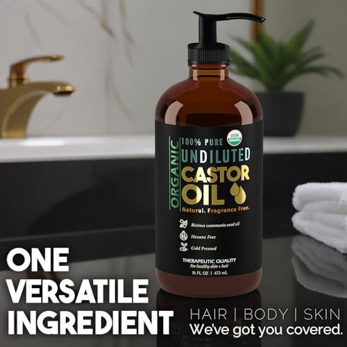 Organic Castor Oil for Skin & Hair - 16 oz Cold Pressed, USDA Certified, Hexane-Free, Unrefined
