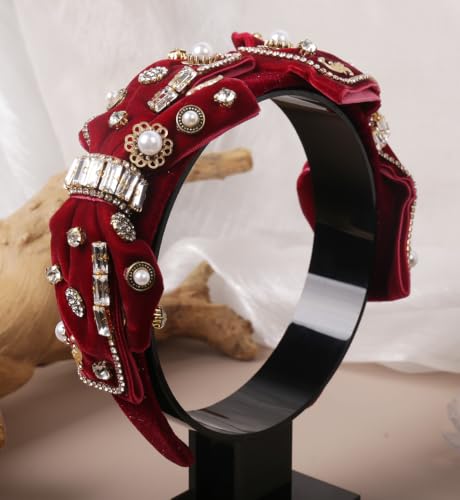 YARN & INK Baroque Wine Velvet Bow Rhinestone Headband Elegant Hair Accessory