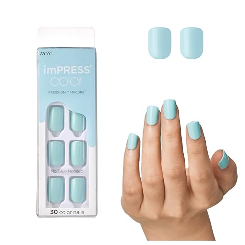 KISS imPRESS Color Press-On Manicure, Gel Nail Kit, PureFit Technology, Short Length, ¡°Mint To Be¡±, Polish-Free Solid Color Mani, Includes Prep Pad, Mini File, Cuticle Stick, and 30 Fake Nails