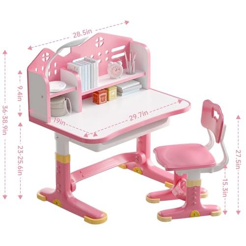 Pink Kids Adjustable Desk and Chair Set - Ergonomic Study Table for Children