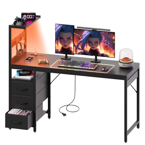 Black 48 Inch Gaming Computer Desk with LED Lights & Storage Shelf - Small