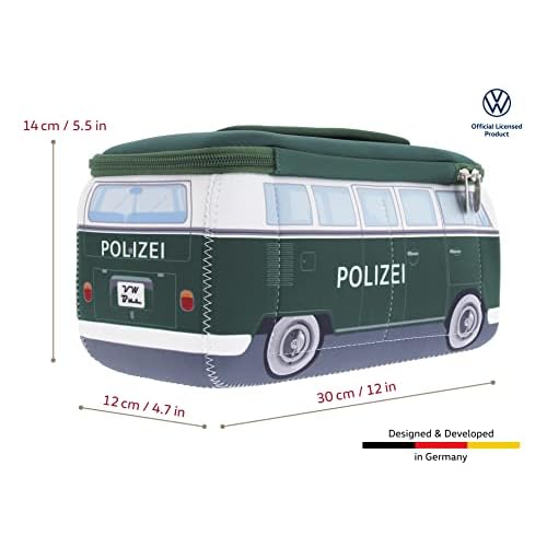 BRISA VW Collection - Volkswagen Neoprene Universal Makeup Cosmetics Toiletry Travel Pharmacy Bag in T1 Bus Design (Police/Green) (Large (11.8 x 5.5 x 4.7 inches))