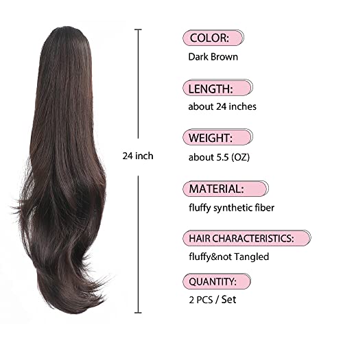 HSPJHTM 22 Inch Dark Brown Synthetic Ponytail Extensions - Pack of 2, Clip-In Hairpieces for Women