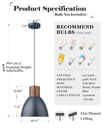 Blue 2 Pack Modern Hammered Pendant Lights - Adjustable Wood & Metal Fixture for Kitchen & Dining