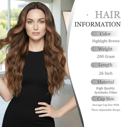 Highlight Brown Wavy Wig for Women 26 Inch Middle Part - Long Synthetic Hair - Highlight Brown / 26 Inch