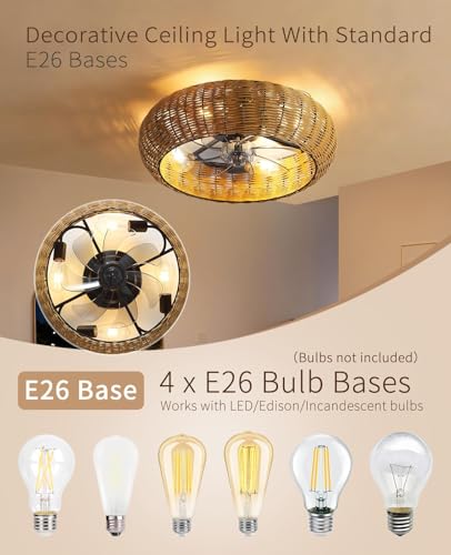 Brown 20-Inch Boho PC Woven Ceiling Fan with Light & Remote - Low Profile