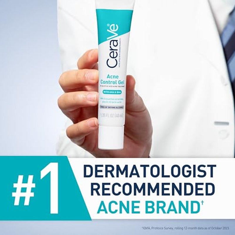 CeraVe Acne Control Gel, 2% Salicylic Acid Treatment With Glycolic Acid + Lactic Acids + Niacniamide, Acne Gel Helps Clear Blemishes Without Over Drying, Alcohol Free & Oil Free, 1.35 Fl Oz
