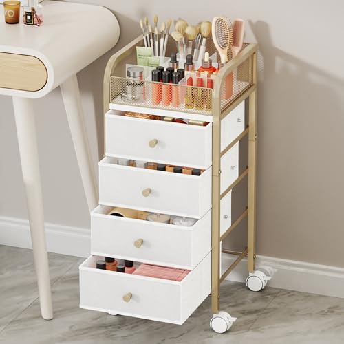Gold 5-Tier Rolling Makeup Organizer Cart with 4 Drawers and 9 Compartments