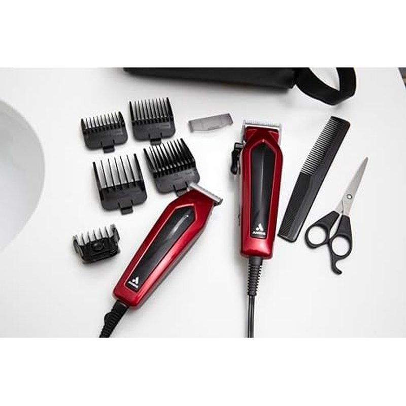 Andis 562940 Ultra Clip Corded Clipper & Trimmer 15-PieceHair Cutting Combo Kit, Stainless Steel Blades, Power Pivot Motor, Whisper Quiet, Hanger Loop, Red