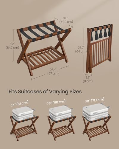 Coffee Brown 2 Pack Solid Wood Luggage Racks with Storage Shelf - No Assembly Needed