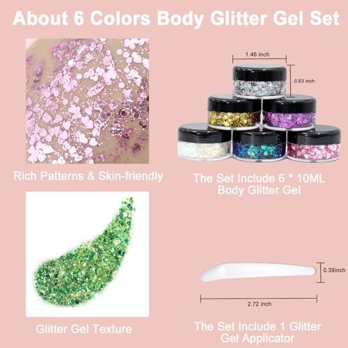 Boko 6pcs Body Glitter Gel, Sparkle Pink Chunky Glitter Gel for Face Hair Body Glitter Makeup, Mermaid Face Glitter Sequins for Festival Music Concert Party Themed Makeup Rave Accessories