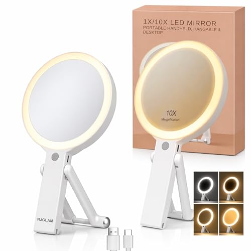 LED Lighted Makeup Mirror with 10X Magnification, 3 Light Modes, Rechargeable Vanity Mirror with Adjustable Stand