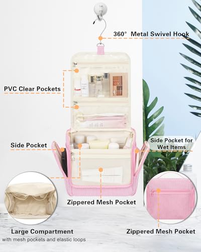 Relavel Pink Large Travel Hanging Toiletry Bag for Women & Kids