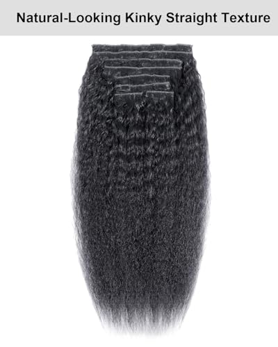 Kerriana Kinky Straight Clip-In Hair Extensions 18 Inch Natural Black - Yaki Texture, 8pcs 110g