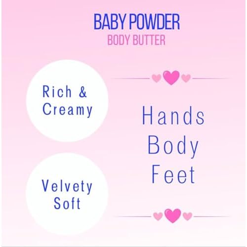 Baby Powder Creamy Whipped Body Butter Nourishing Shea Butter, Cocoa Butter, Coconut Oil, Essential Oils Moisturizer for Body, Feet & Hands Soothes and Softens