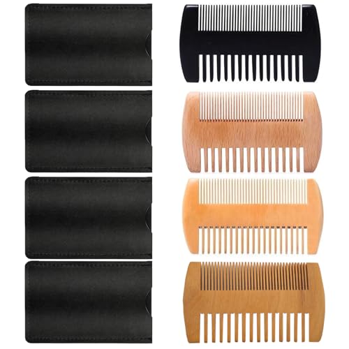 4 Pack Double-Sided Pocket Comb, Wooden Dual Action Beard and Mustache Comb Set with Leather Cases for Beards and Mustaches, Everyday Styling Comb For Detangling Knots, Beard Care & Grooming