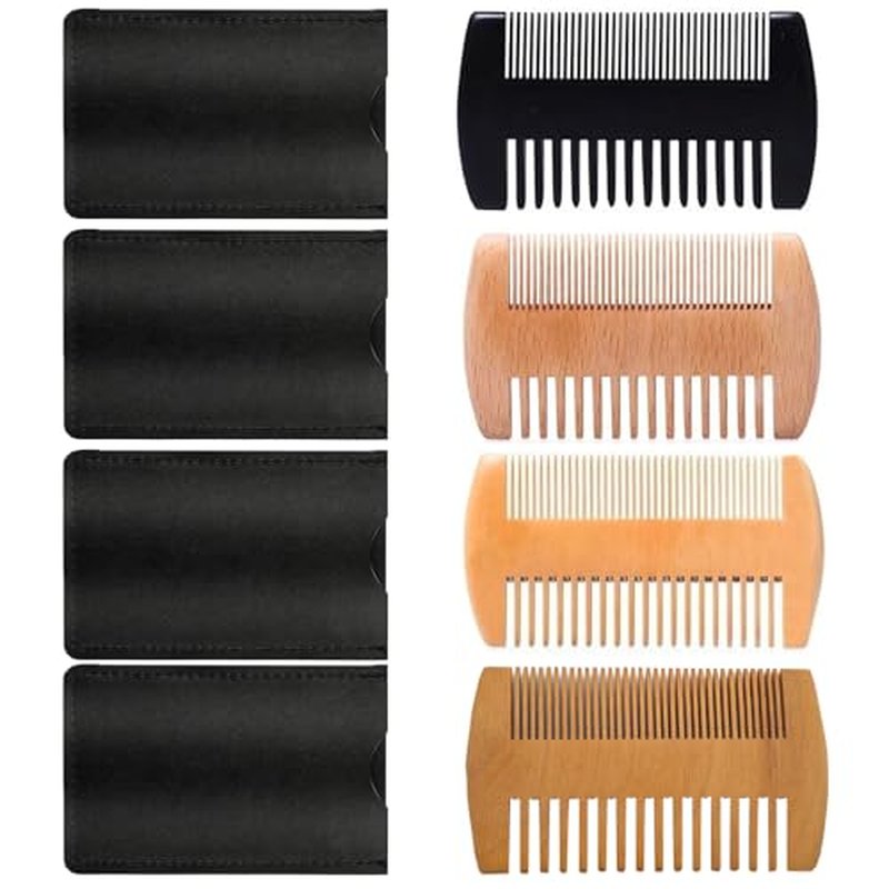 4 Pack Double-Sided Pocket Comb, Wooden Dual Action Beard and Mustache Comb Set with Leather Cases for Beards and Mustaches, Everyday Styling Comb For Detangling Knots, Beard Care & Grooming