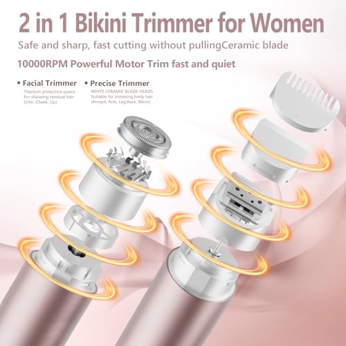 Bikini Trimmer for Women, 2-in-1 Electric Shaver & Painless Hair Remover, IPX8 Waterproof for Wet & Dry Use, USB-C Fast Charge, for Body Face Legs Underarms Sensitive Skin - Rose Pink