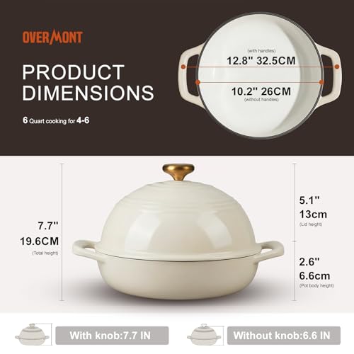 Overmont Cream White 6QT Enamel Cast Iron Dutch Oven with Dome Lid for Bread Baking