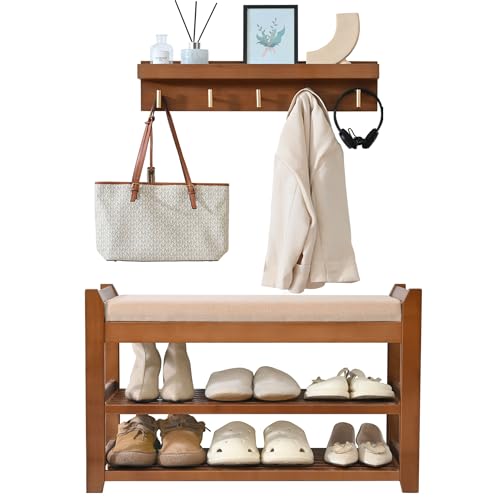 Brown 28-Inch Shoe Rack Entryway Bench with Coat Hooks - Natural Bamboo