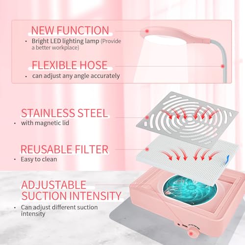 SAVILAND Pink Nail Dust Collector with Lamp 40W Vacuum for Salon & Home Use