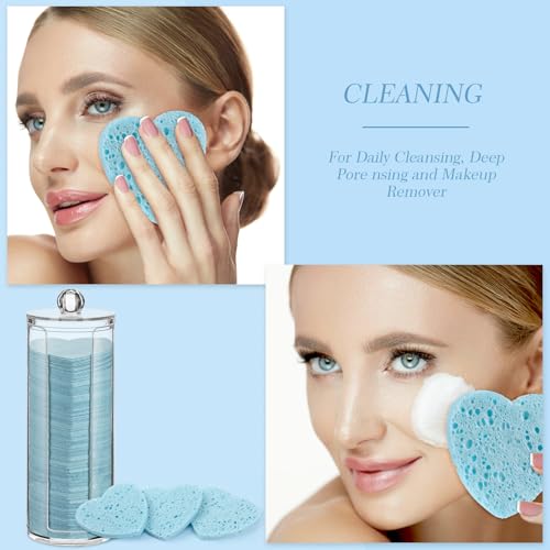 Heart-Shaped Compressed Facial Sponges Set - Light Blue, 120 Pcs with Storage