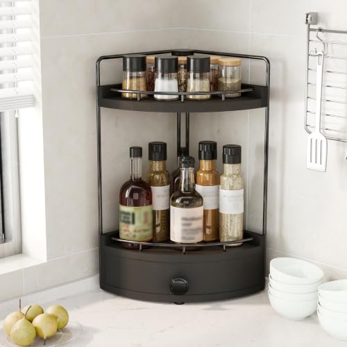 2-Tier Corner Bathroom Counter Organizer with Drawer - Black