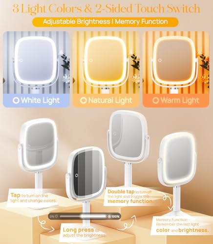 Rectangle Lighted Makeup Mirror with Magnification 1X/10X - White, Adjustable & Rechargeable