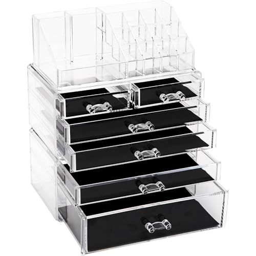 Sea Team 3-Layer Stackable Clear Makeup Organizer with Drawers, Acrylic Plastic Cosmetic Display Case, Jewelry Storage Box for Dresser, Bathroom, Vanity, Countertop (6 Drawers, 1 Lipstick Holder)