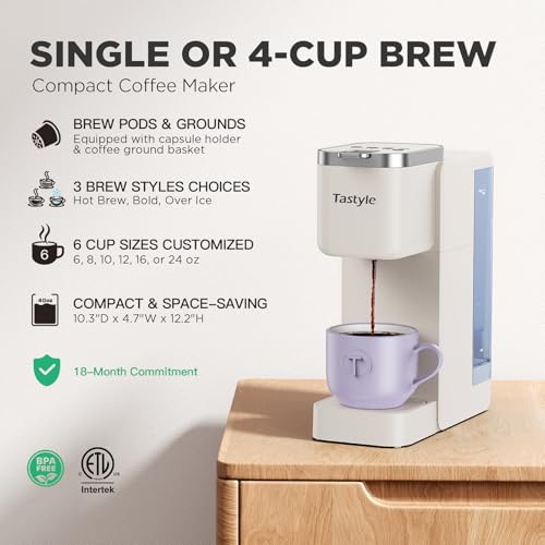 Tastyle Single Serve Coffee Maker Beige - K-Cup & Grounds with 3 Brew Styles