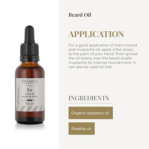SALERM - Beard Oil for Men - Homme Barber Line - 30 ml - with Organic Raspberry Oil and Rosehip - for Beard, Mustache, and Hair - Nourishes and Softens Beard Hair