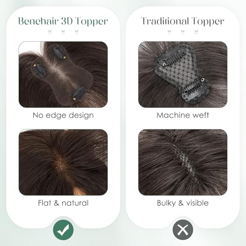 Dark Brown Human Hair Topper with Bangs - 11 Inch Clip-In Hairpiece for Thinning Hair, Side Bang Style