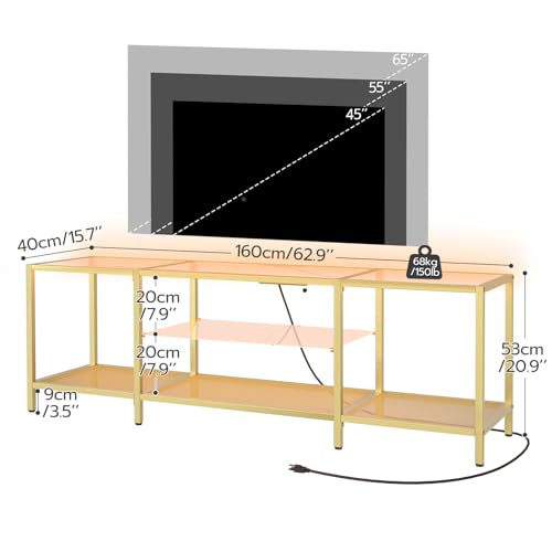 63 Inch Modern TV Stand with LED Lights and Power Outlets, Tempered Glass, Open Shelves, Gold Frame