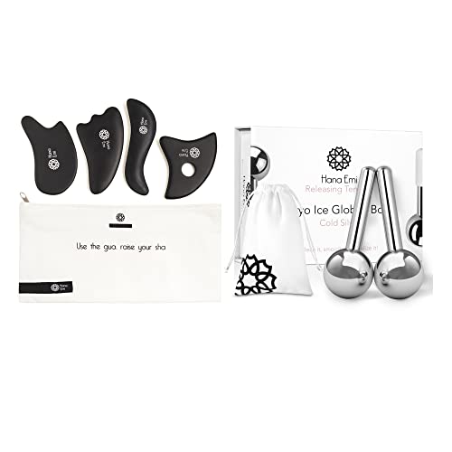 Facial Rejuvenation Set: Silver Ice Globes and Gua Sha Tool for Face and Body - 2-Piece Cryo Globes for Cooling Facial Massage and 4-Piece Bian Stone Gua Sha Tool for Skincare Routines