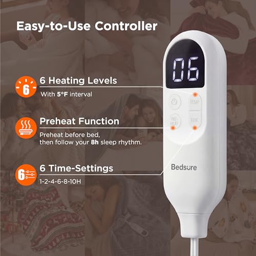 Queen Size Electric Blanket with Dual Control - White, 6 Heat & Timer Settings - Bedsure
