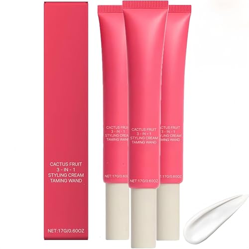 3-In-1 Hair Styling Cream, Hair Cactus Fruit 3-In-1 Styling Cream & Taming Wand, Smooth Frizz, Cactus Fruit Extract for Tames Flyaway H-air, Enhances Shine, Non-Greasy, for Women & Girls (3 PCS)
