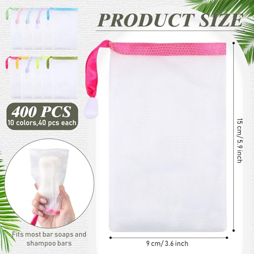 Sunnyray 400 Pcs 10 Colors Mesh Soap Bags Handmade Soap Mesh Nets with Drawstring Exfoliating Pouch for Foaming and Drying for Shower Body Facial Cleaning Tool