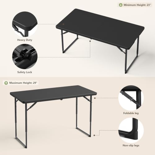 4FT Portable Folding Table with Adjustable Height & Steel Legs - Heavy Duty Plastic Surface for Indoor & Outdoor Use