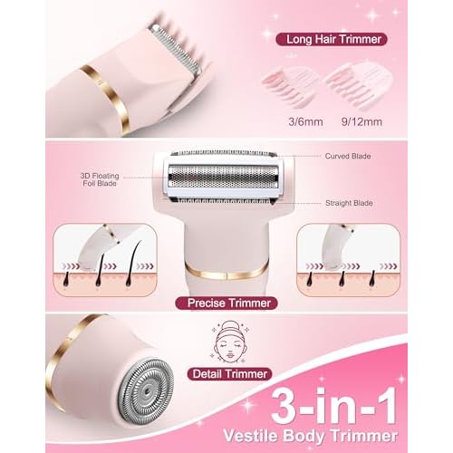 Bikini Trimmer for Women,3-in-1 Bikini Shaver Electric Razors for Womens Face, Legs,Bikini Line Armpit, IPX7 Waterproof, USB-C Rechargeable,Travel Trimmer, Pink