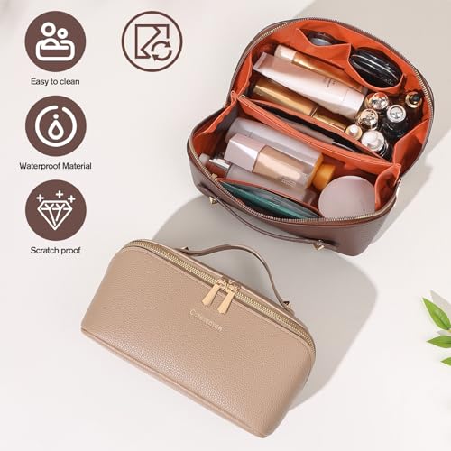 Makeup Bag, Travel Toiletry Bag for Women, Large Capacity Waterproof PU Leather Cosmetic Bags Make Up Organizer Bags with Headband and Wristband Set (Black, Lychee Pattern)