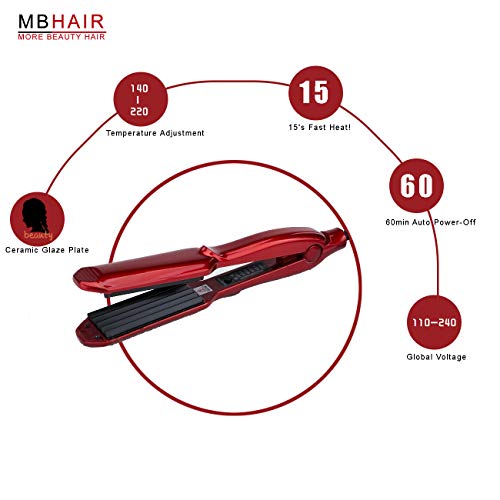 Red Ceramic Hair Crimper Iron for Volumizing & Anti-Static Styling - Adjustable Temp