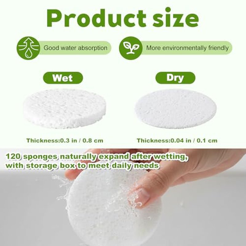 120 Pcs Compressed Facial Sponges with Container, Disposable Round Face Sponge Pads Portable Makeup Removal Wash Sponges for Women Cleansing Makeup Spa (White)