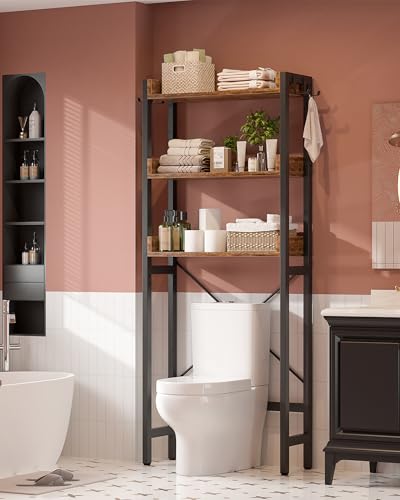Over-The-Toilet Bathroom Storage Rack 3-Tier Rustic Brown Organizer Shelf with Hooks