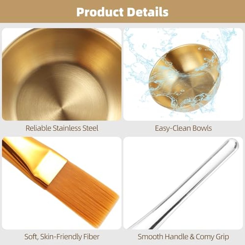 36 Pcs Esthetician Supplies for Facials Set, 12 Golden Stainless Steel Mixing Bowls, 12 Fan & 12 Detail Brushes, Facial Masks Brushes for Even Masks Application, Women Clay Masks Mixing Tools Kit