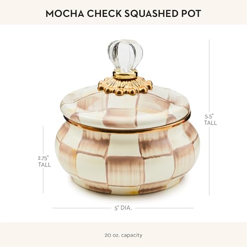 Mocha Check Enamel Squashed Pot with Lid - 20 oz Brown & White Kitchen Storage