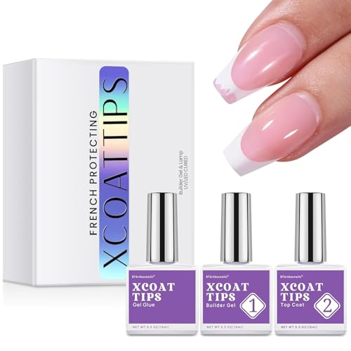 btartboxnails XCOATTIPS - Builder Gel Top Coat Set, Short Square French Tip Press on Nails with Builder Gel Top Coat Set