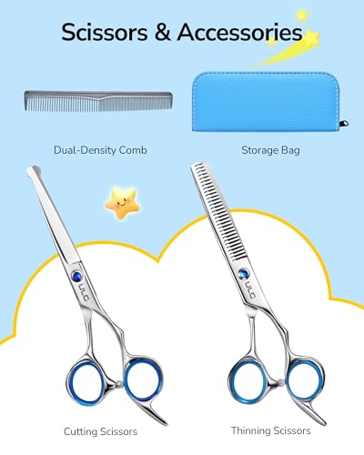 ULG Kids Hair Cutting Scissors 6.5" Safety Round Tip Haircut Kit - Blue 4pcs Set