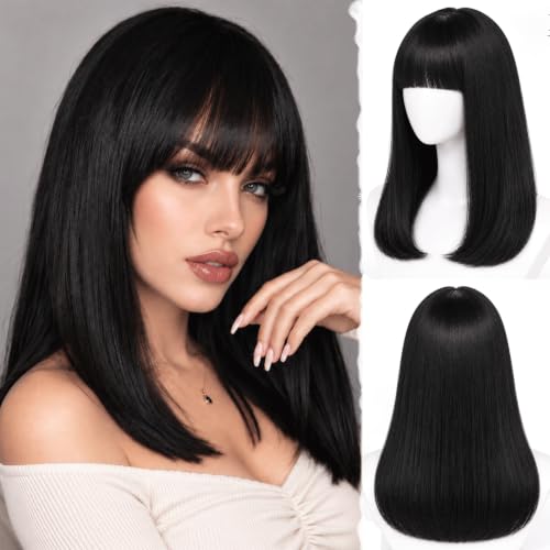 Black Short Straight Bob Wig with Bangs - 16 Inch Synthetic Hair for Women - Variation: Black
